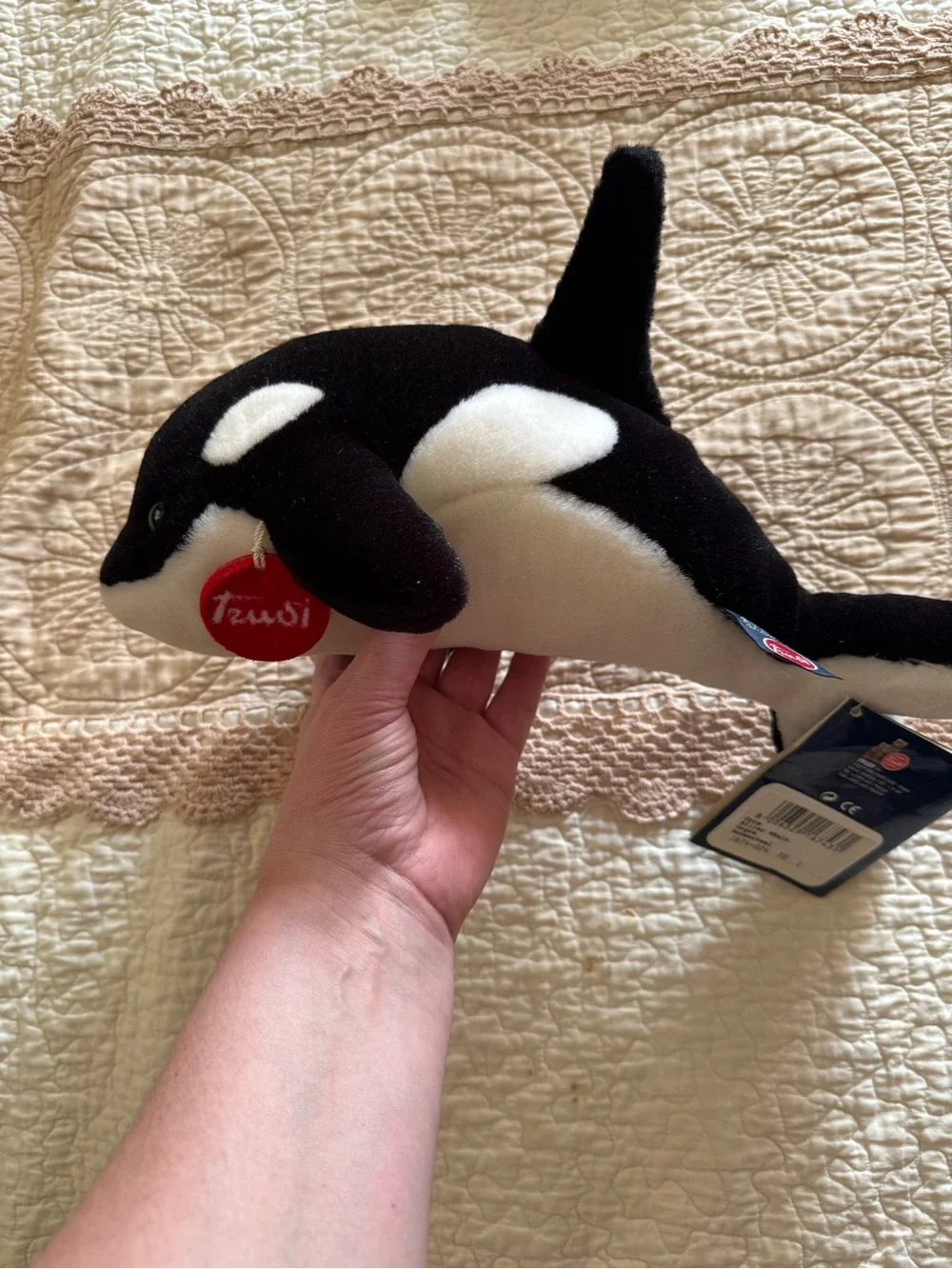 Trudi Orca Whale Plush Toy in Black and White with Red Tag